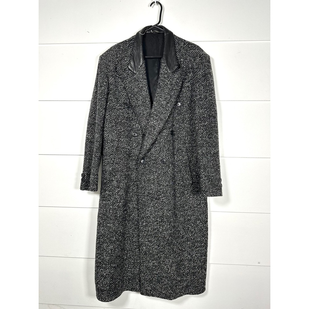 Le‎ Tigre Tweed Long Coat 42 unisex womens vintage 80s gray black leather collar